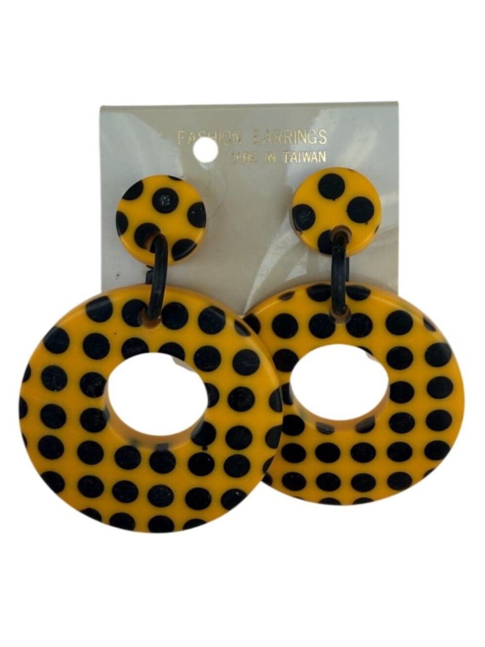 Vintage FUN NOS Large Statement Earrings Yellow Black Dot Acrylic Dangle Retro